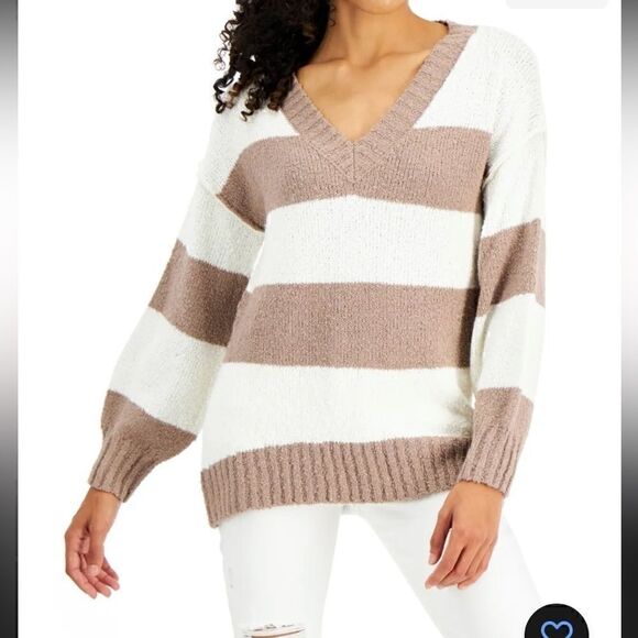 New Hippie Rose Juniors V-Neck Tunic Sweaters brown/white size M - Picture 2 of 3